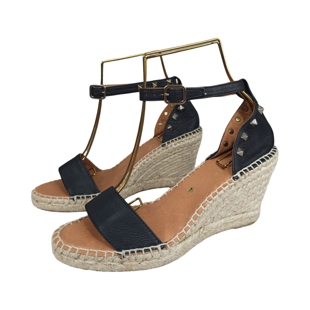 Maypol Black Leather Studded Espadrille Wedge Sandals Sz. 7.5